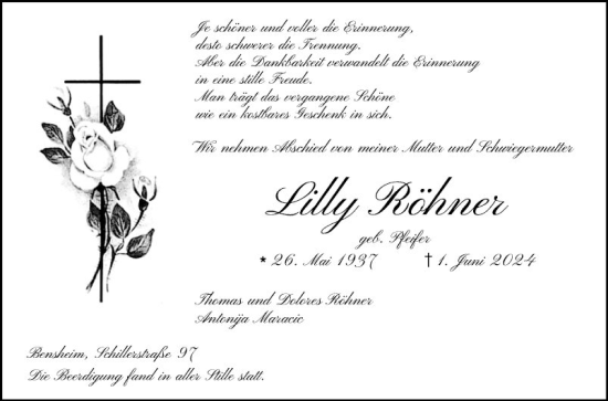 Traueranzeige von Lilly Röhner von Bergsträßer Anzeiger
