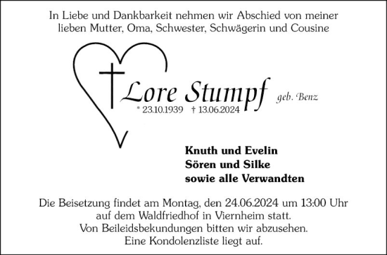 Traueranzeige von Lore Stumpf von Mannheimer Morgen