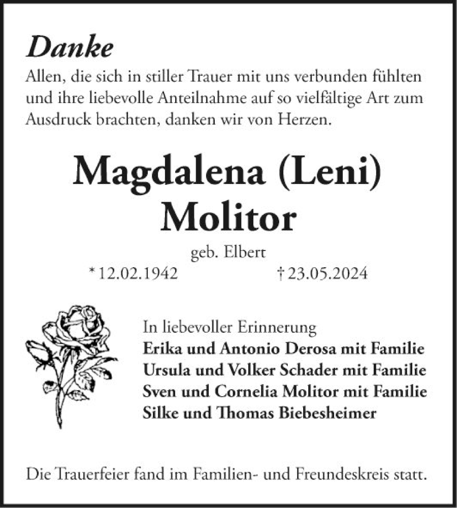  Traueranzeige für Magdalena Molitor vom 08.06.2024 aus Bergsträßer Anzeiger