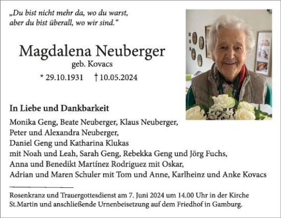 Traueranzeige von Magdalena Neuberger von Fränkische Nachrichten