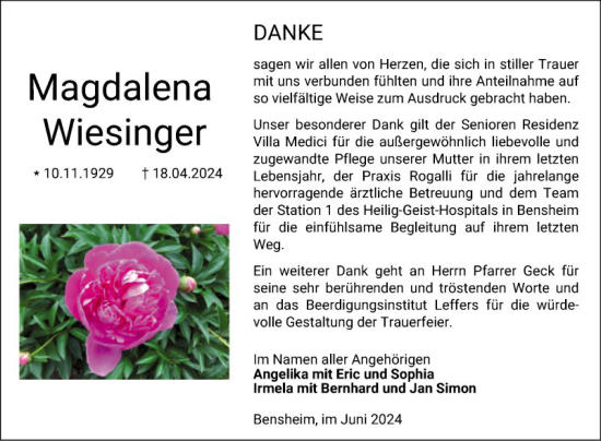 Traueranzeige von Magdalena Wiesinger von Bergsträßer Anzeiger