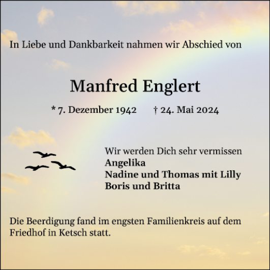 Traueranzeige von Manfred Englert von Schwetzinger Zeitung