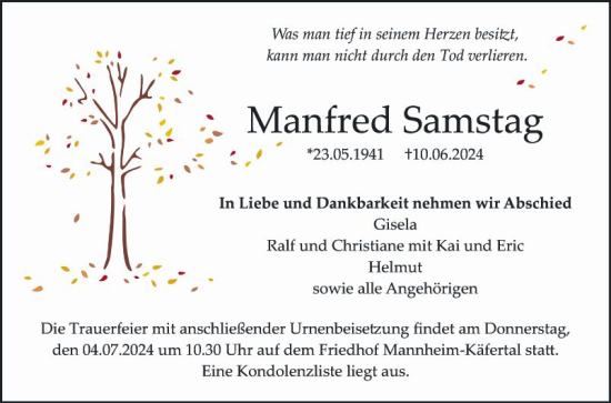Traueranzeige von Manfred Samstag von Mannheimer Morgen