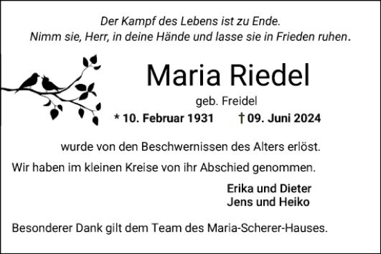 Traueranzeige von Maria Riedel von Mannheimer Morgen