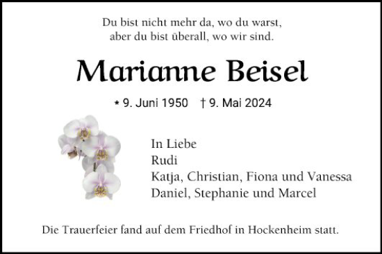 Traueranzeige von Marianne Beisel von Schwetzinger Zeitung