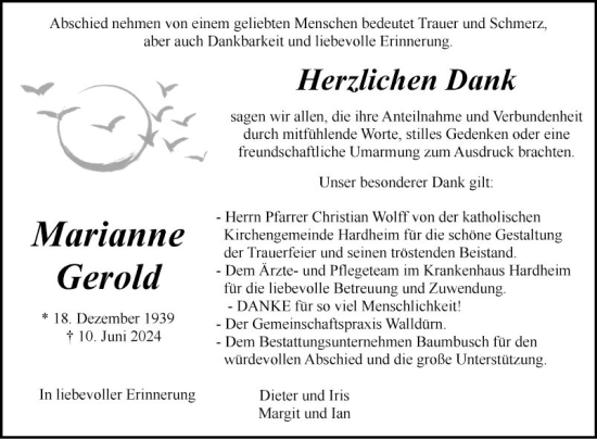 Traueranzeige von Marianne Gerold von Fränkische Nachrichten