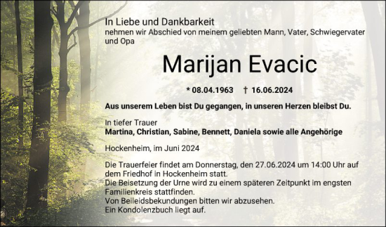 Traueranzeige von Marijan Evacic von Schwetzinger Zeitung