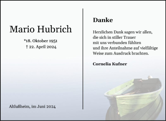 Traueranzeige von Mario Hubrich von Schwetzinger Zeitung