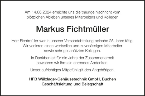 Traueranzeige von Markus Fichtmüller von Fränkische Nachrichten