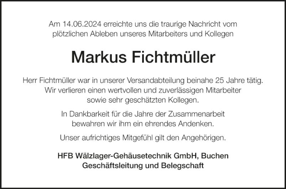  Traueranzeige für Markus Fichtmüller vom 21.06.2024 aus Fränkische Nachrichten