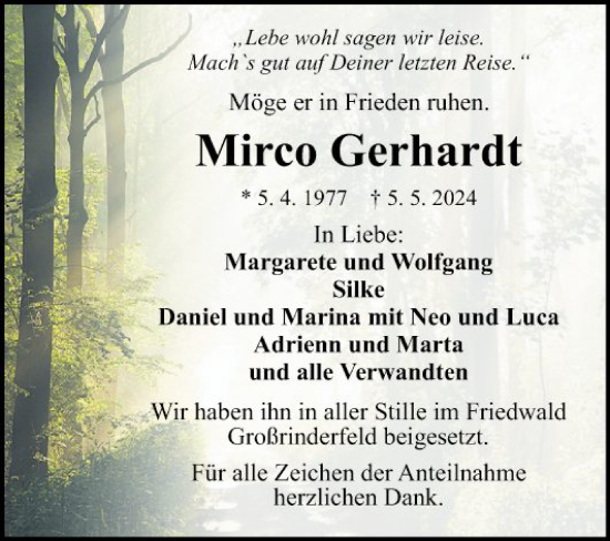 Traueranzeige von Mirco Gerhardt von Fränkische Nachrichten
