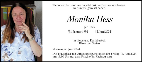 Traueranzeige von Monika Hess von Mannheimer Morgen