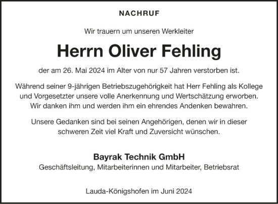 Traueranzeige von Oliver Fehling von Fränkische Nachrichten