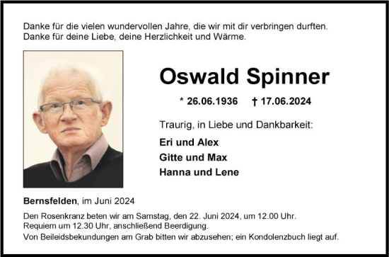 Traueranzeige von Oswald Spinner von Fränkische Nachrichten