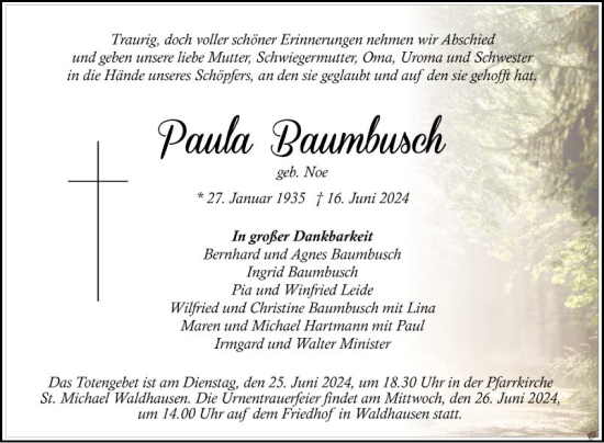 Traueranzeige von Paula Baumbusch von Fränkische Nachrichten