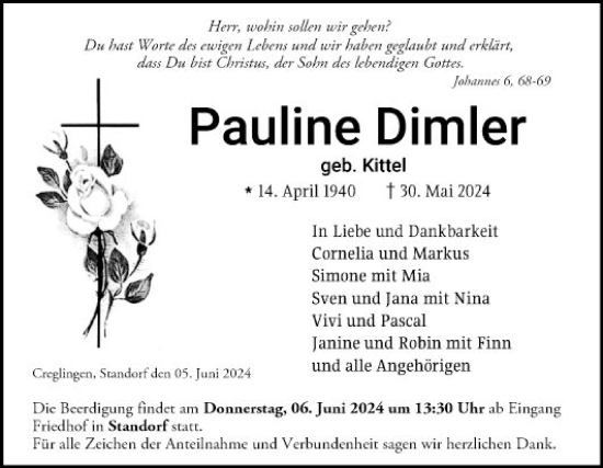 Traueranzeige von Pauline Dimler von Fränkische Nachrichten