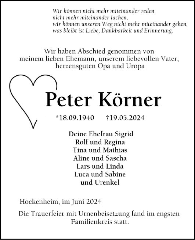  Traueranzeige für Peter Körner vom 08.06.2024 aus Schwetzinger Zeitung