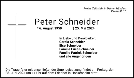 Traueranzeige von Peter Schneider von Schwetzinger Zeitung
