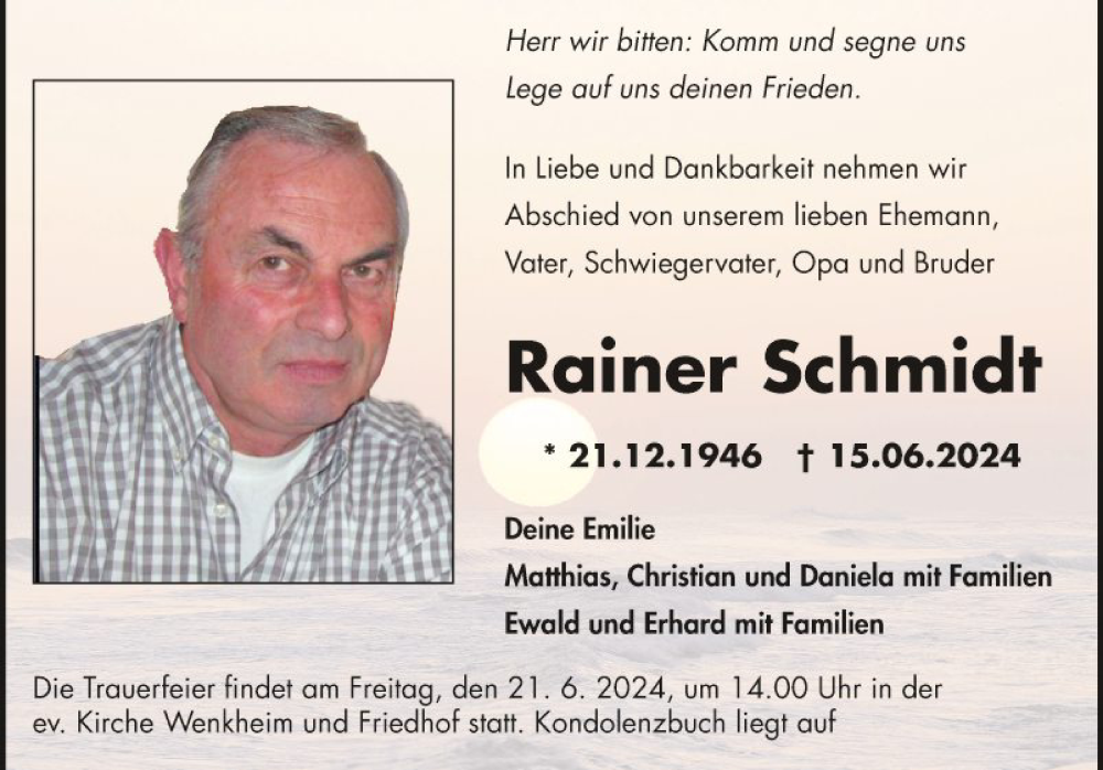  Traueranzeige für Rainer Schmidt vom 19.06.2024 aus Fränkische Nachrichten