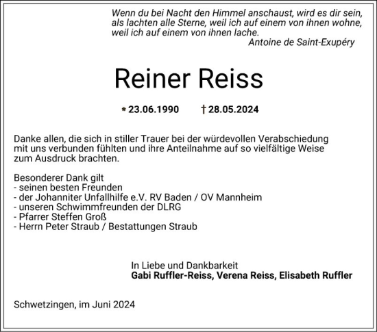 Traueranzeige von Reiner Reiss von Schwetzinger Zeitung