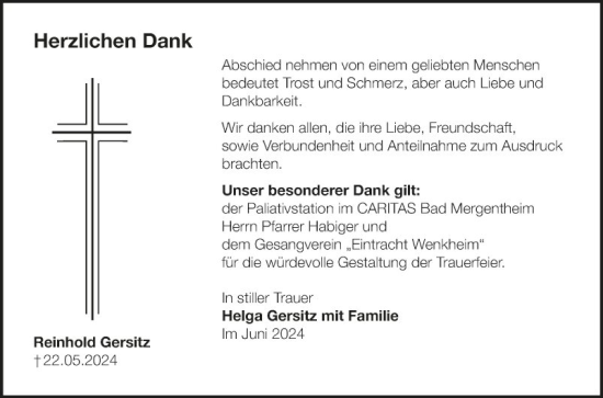 Traueranzeige von Reinhold Gersitz von Fränkische Nachrichten