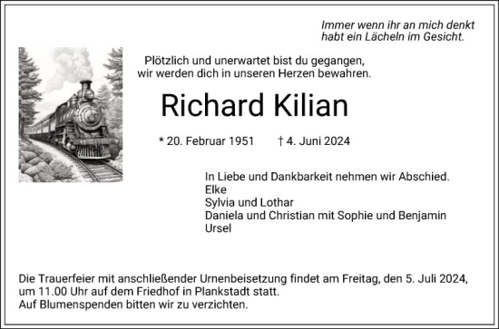 Traueranzeige von Richard Kilian von Schwetzinger Zeitung