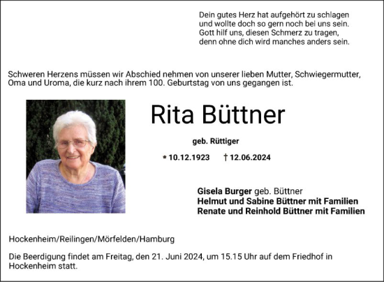 Traueranzeige von Rita Büttner von Schwetzinger Zeitung