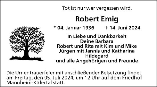 Traueranzeige von Robert Emig von Mannheimer Morgen