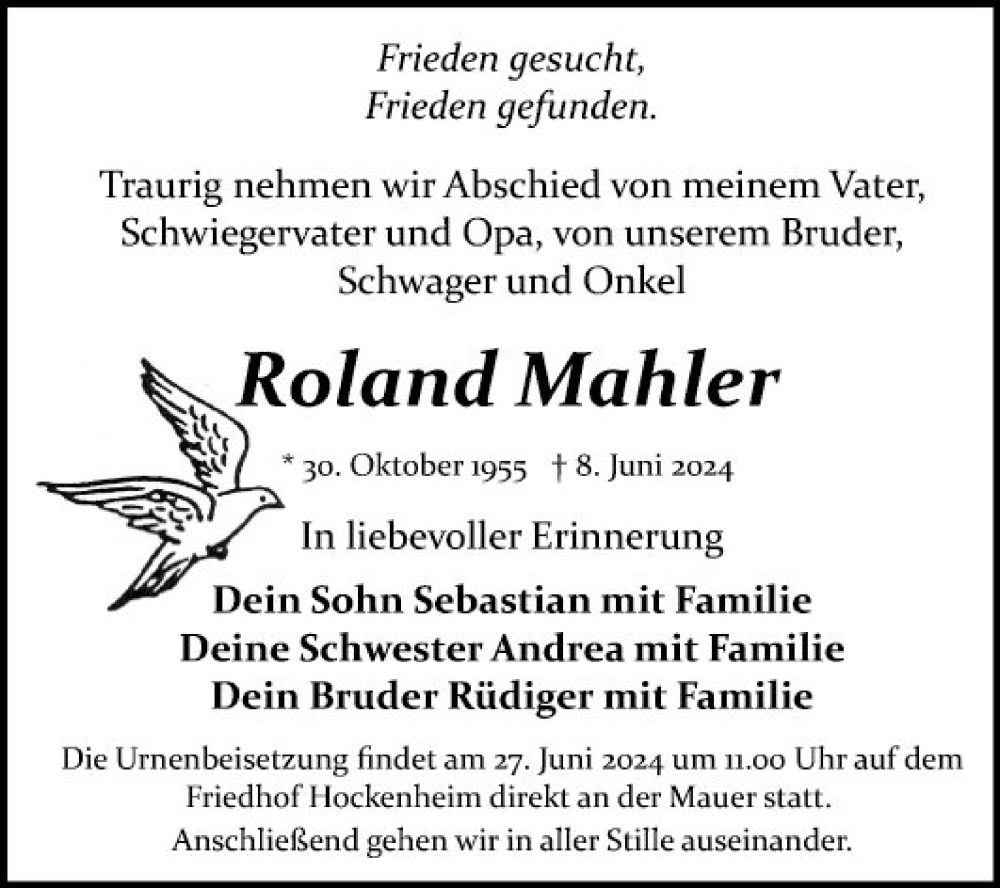  Traueranzeige für Roland Mahler vom 22.06.2024 aus Schwetzinger Zeitung