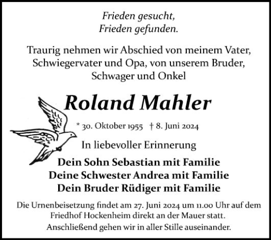 Traueranzeige von Roland Mahler von Schwetzinger Zeitung