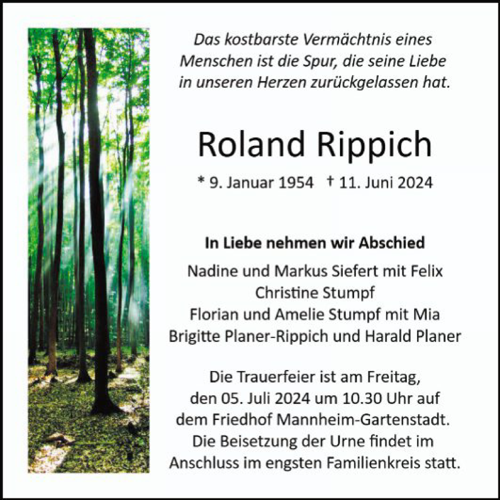  Traueranzeige für Roland Rippich vom 29.06.2024 aus Mannheimer Morgen
