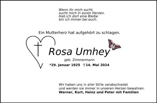 Traueranzeige von Rosa Umhey von Schwetzinger Zeitung