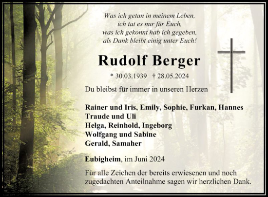 Traueranzeige von Rudolf Berger von Fränkische Nachrichten