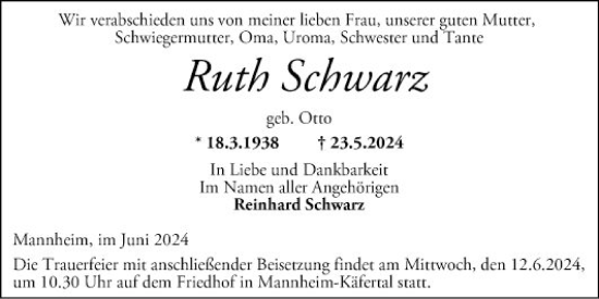 Traueranzeige von Ruth Schwarz von Mannheimer Morgen