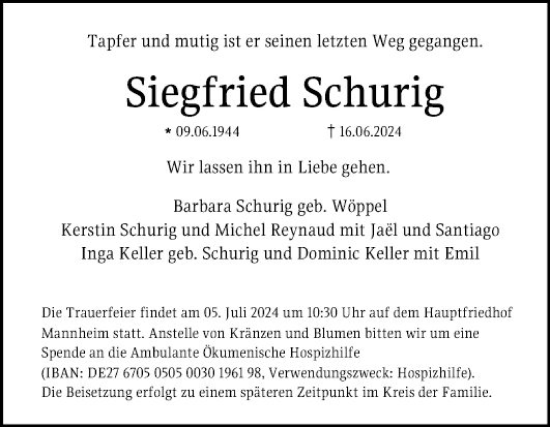 Traueranzeige von Siegfried Schurig von Mannheimer Morgen