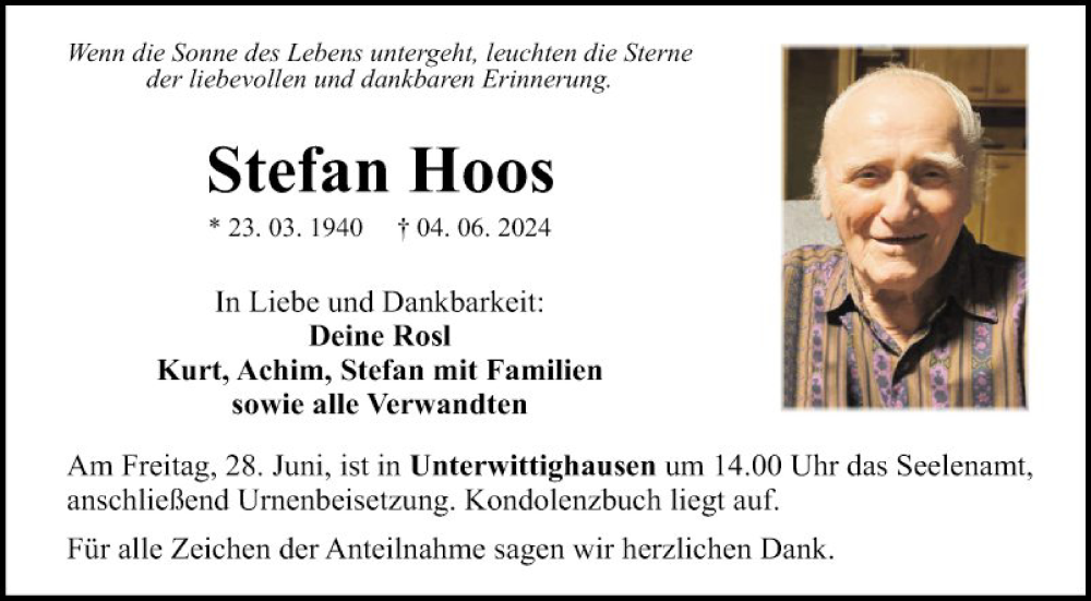  Traueranzeige für Stefan Hoos vom 22.06.2024 aus Fränkische Nachrichten
