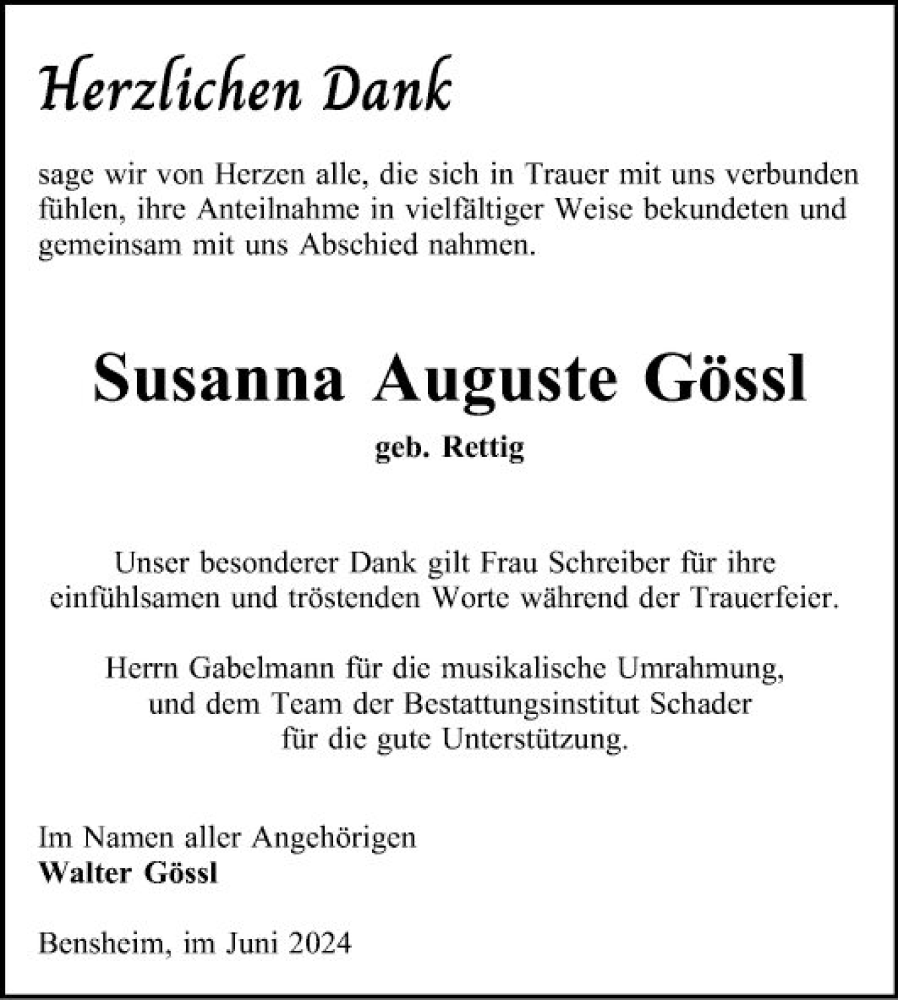  Traueranzeige für Susanna Auguste Gössl vom 15.06.2024 aus Bergsträßer Anzeiger