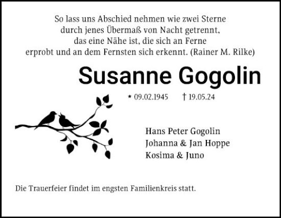 Traueranzeige von Susanne Gogolin von Bergsträßer Anzeiger