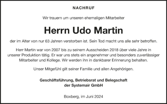 Traueranzeige von Udo Martin von Fränkische Nachrichten