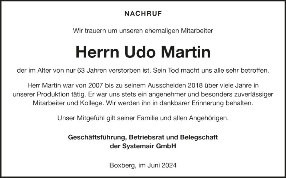  Traueranzeige für Udo Martin vom 22.06.2024 aus Fränkische Nachrichten