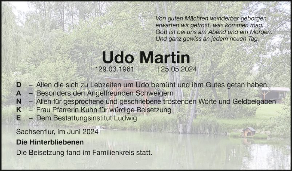  Traueranzeige für Udo Martin vom 18.06.2024 aus Fränkische Nachrichten