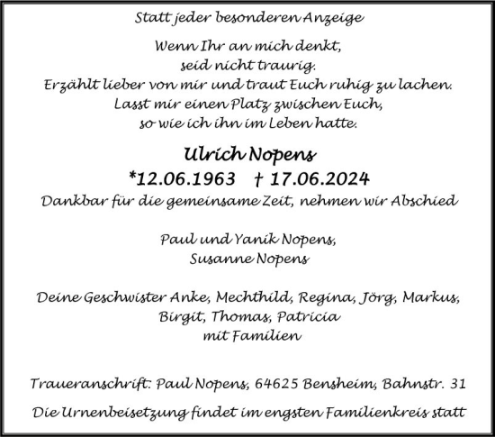 Traueranzeige von Ulrich Nopens von Bergsträßer Anzeiger