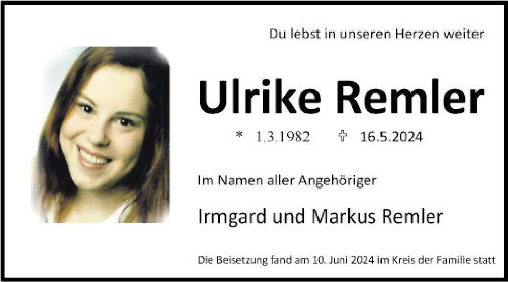  Traueranzeige für Ulrike Remler vom 13.06.2024 aus Fränkische Nachrichten