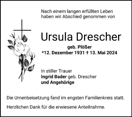 Traueranzeige von Ursula Drescher von Bergsträßer Anzeiger