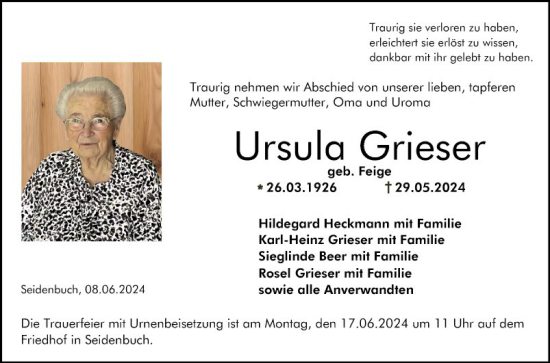 Traueranzeige von Ursula Grieser von Bergsträßer Anzeiger
