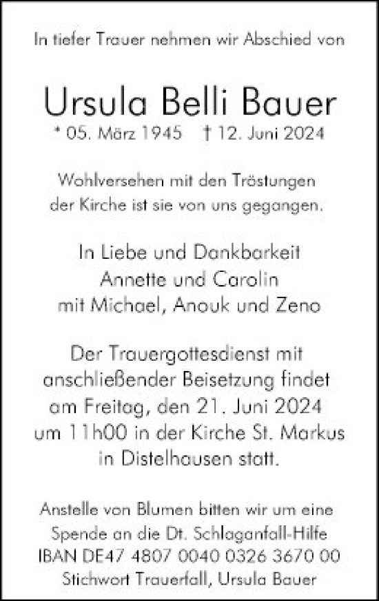 Traueranzeige von Ursula Belli Bauer von Fränkische Nachrichten