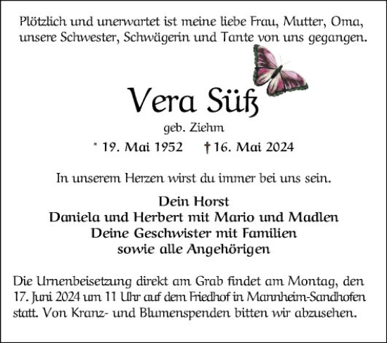 Traueranzeige von Vera Süß von Mannheimer Morgen
