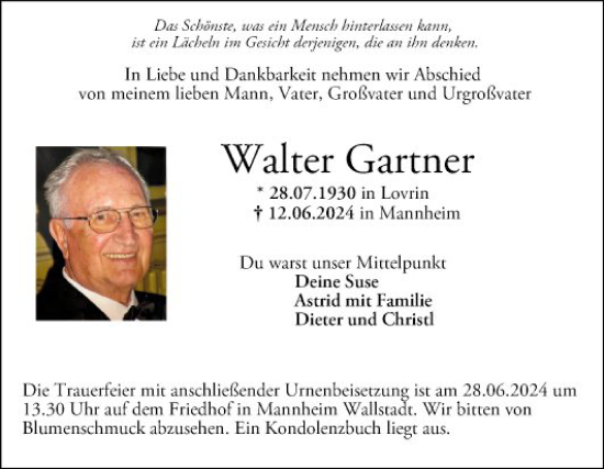 Traueranzeige von Walter Gartner von Mannheimer Morgen