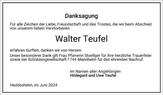 Traueranzeige von Walter Teufel von Mannheimer Morgen