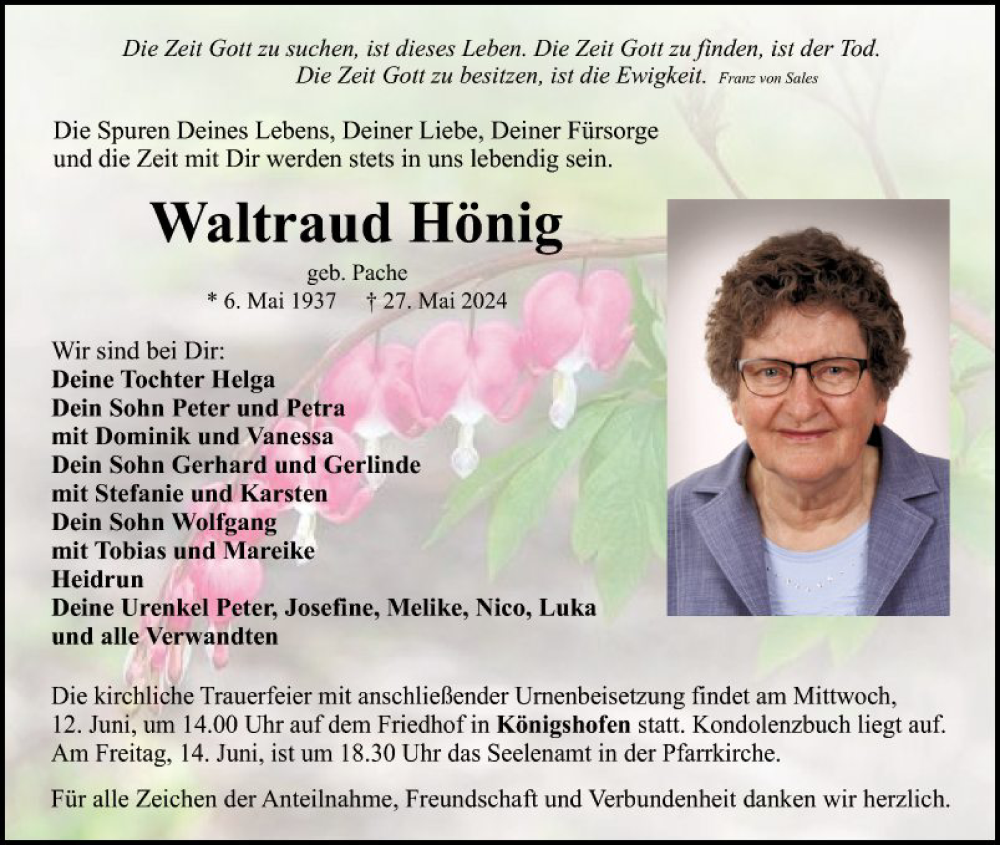  Traueranzeige für Waltraud Hönig vom 07.06.2024 aus Fränkische Nachrichten